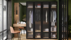 Спальный гарнитур «Порто» №4 Яблоня Беллуно/Графит/Стекло сатин черное в Надыме - nadym.mebel-tymen.ru | фото